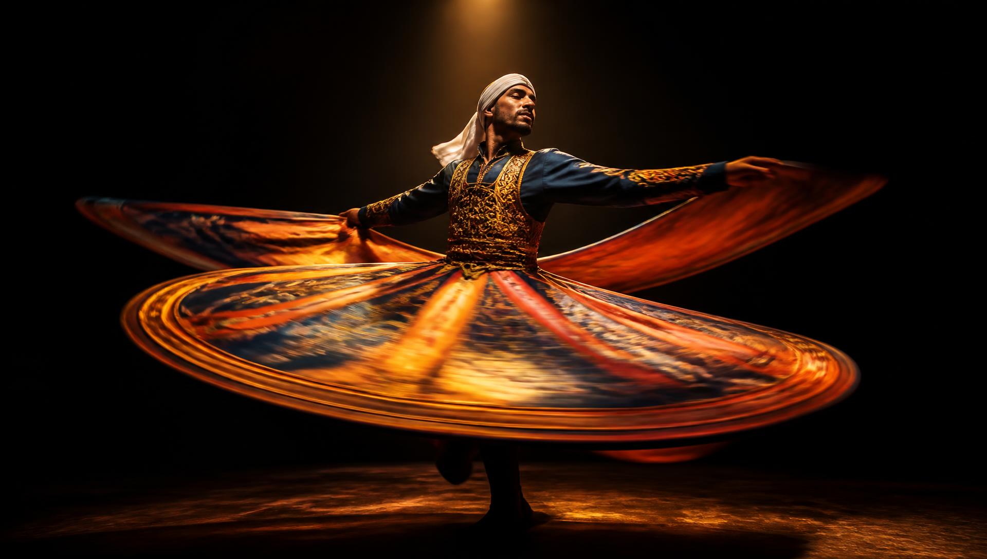 Tanoura dancer spinning under a spotlight